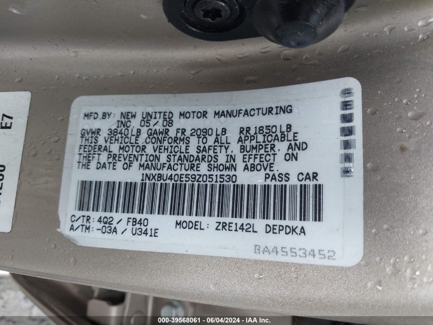 2009 Toyota Corolla Le VIN: 1NXBU40E59Z051530 Lot: 39568061