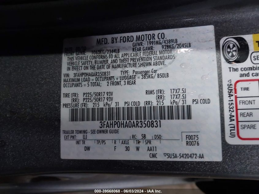 2010 Ford Fusion Se VIN: 3FAHP0HA0AR350831 Lot: 39568068