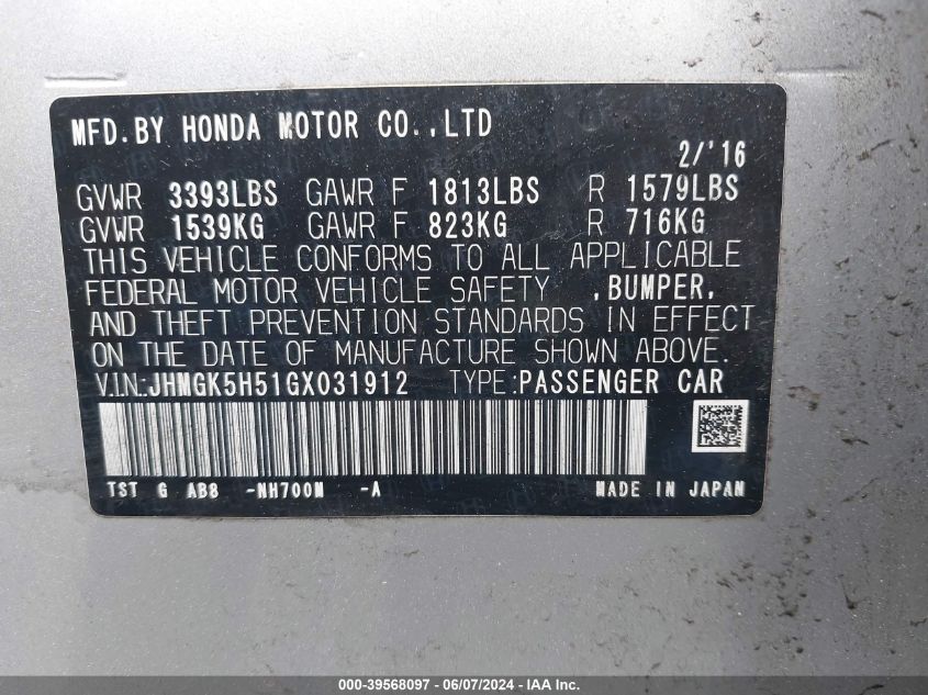 2016 Honda Fit Lx VIN: JHMGK5H51GX031912 Lot: 39568097