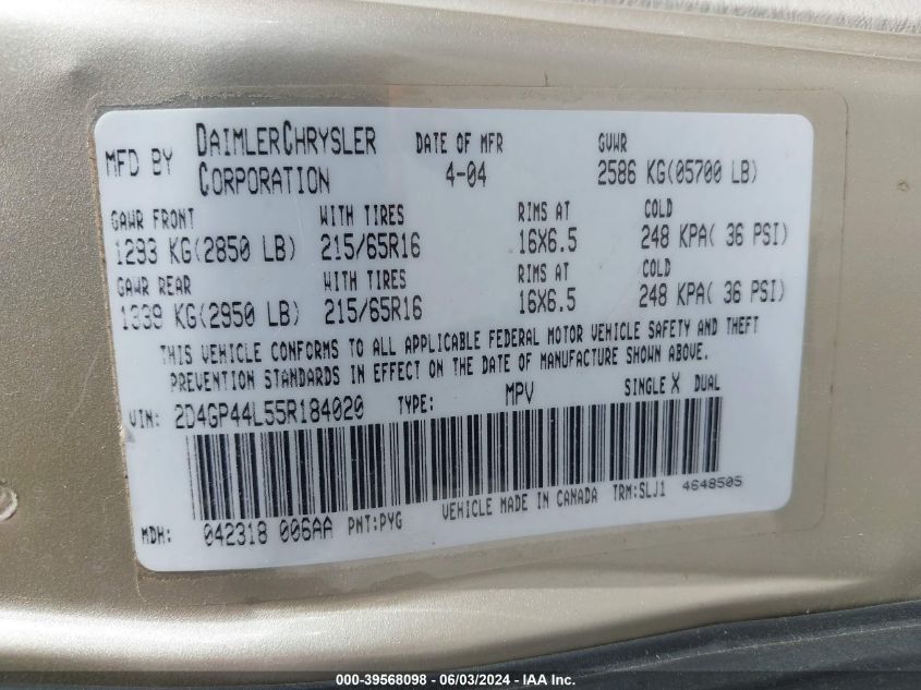 2005 Dodge Grand Caravan Sxt VIN: 2D4GP44L55R184020 Lot: 39568098