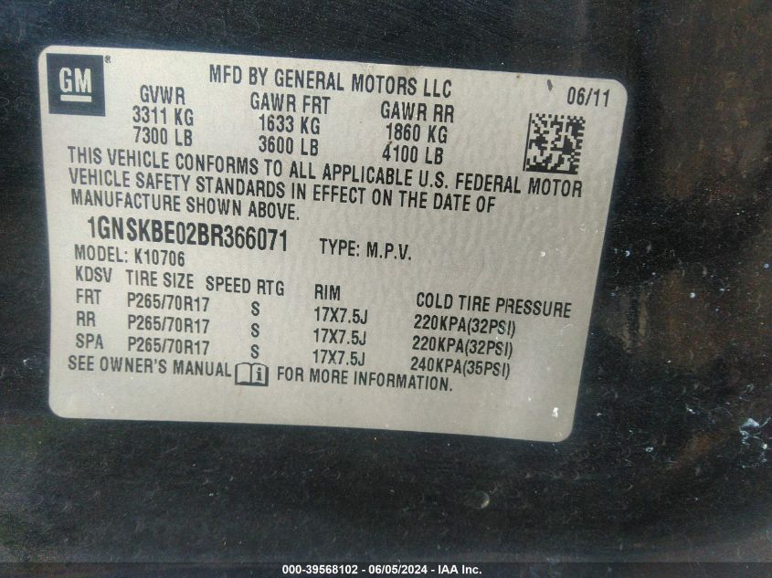 2011 Chevrolet Tahoe Lt VIN: 1GNSKBE02BR366071 Lot: 39568102