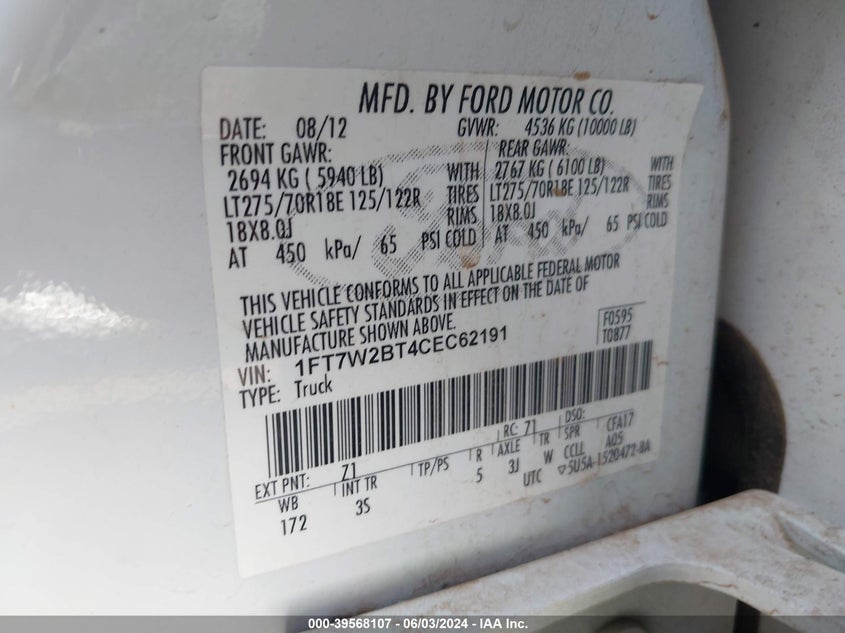 2012 Ford F-250 Xlt VIN: 1FT7W2BT4CEC62191 Lot: 39568107