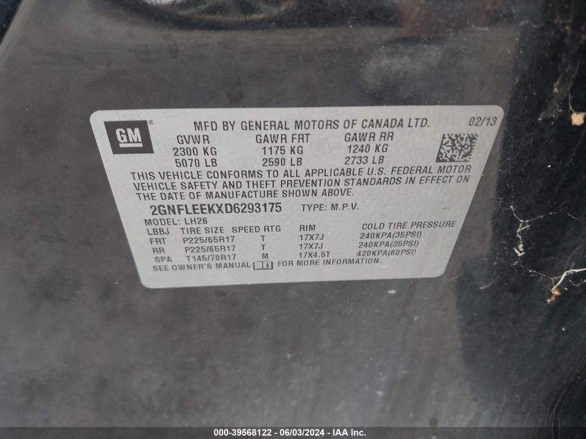 2013 Chevrolet Equinox 1Lt VIN: 2GNFLEEKXD6293175 Lot: 39568122