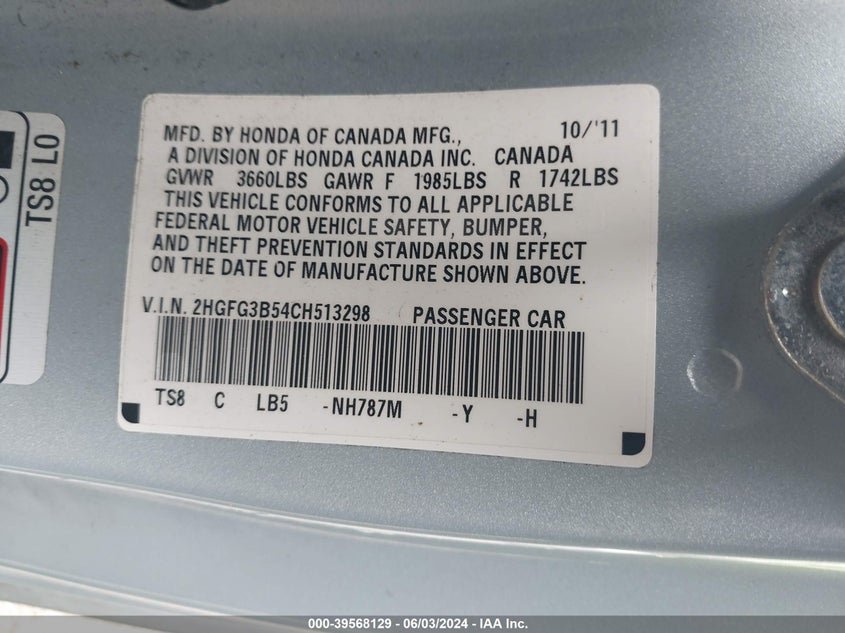 2012 Honda Civic Lx VIN: 2HGFG3B54CH513298 Lot: 39568129