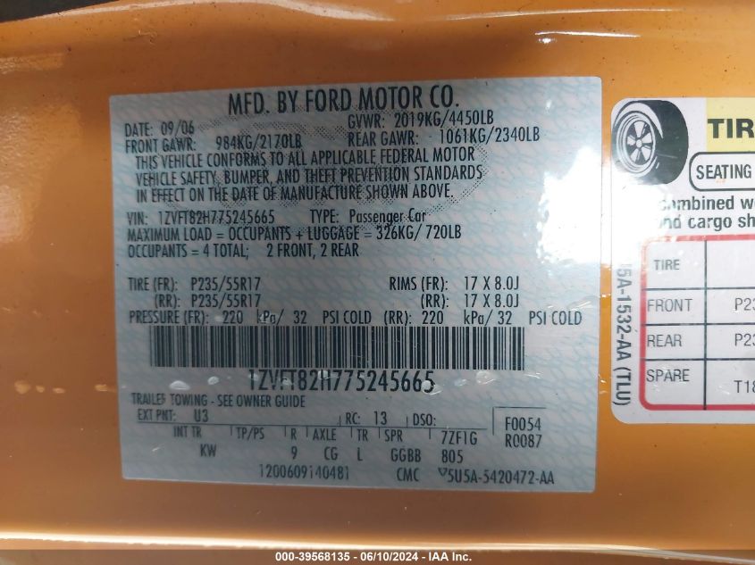 2007 Ford Mustang Gt Deluxe/Gt Premium VIN: 1ZVFT82H775245665 Lot: 39568135