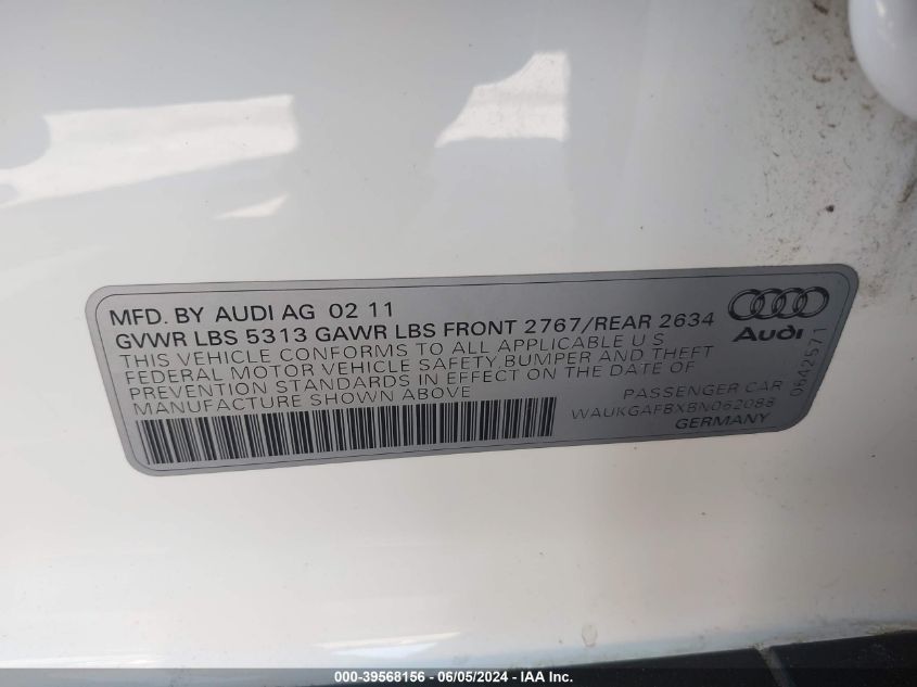 2011 Audi A6 3.0 Premium VIN: WAUKGAFBXBN062088 Lot: 39568156