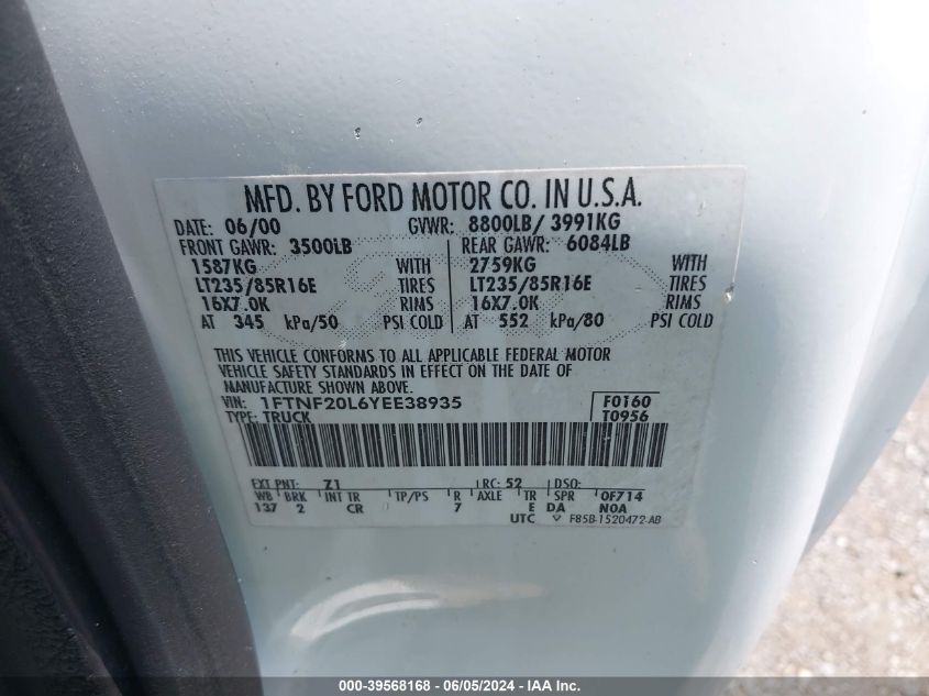 2000 Ford F-250 Lariat/Xl/Xlt VIN: 1FTNF20L6YEE38935 Lot: 39568168