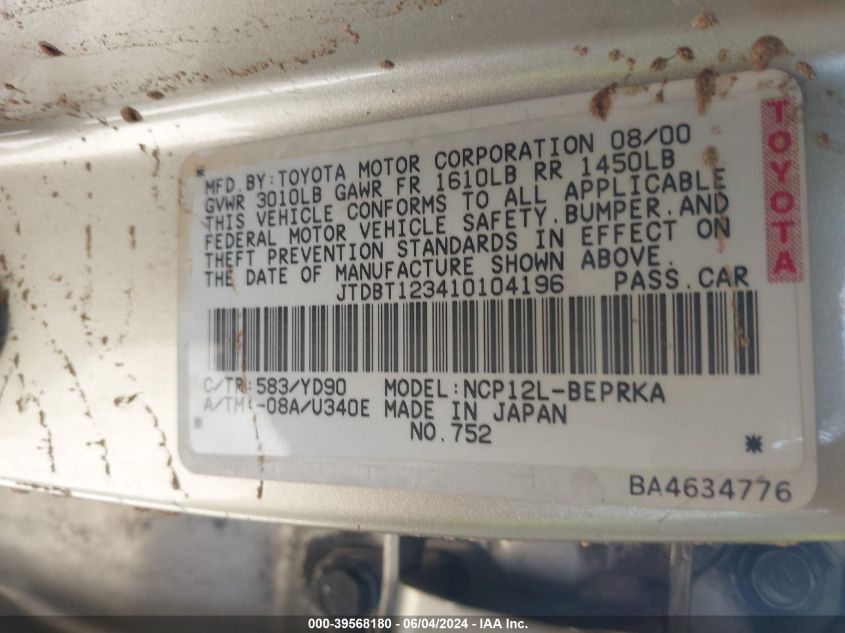 2001 Toyota Echo VIN: JTDBT123410104196 Lot: 39568180