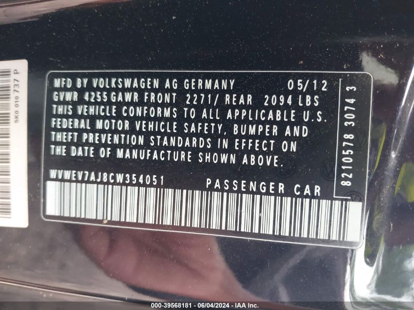 2012 Volkswagen Gti 2-Door Autobahn VIN: WVWEV7AJ8CW354051 Lot: 39568181