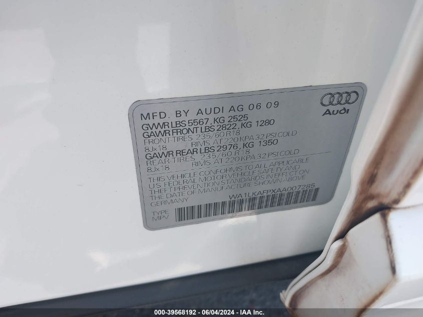 2010 Audi Q5 3.2 Premium VIN: WA1LKAFPXAA007285 Lot: 39568192