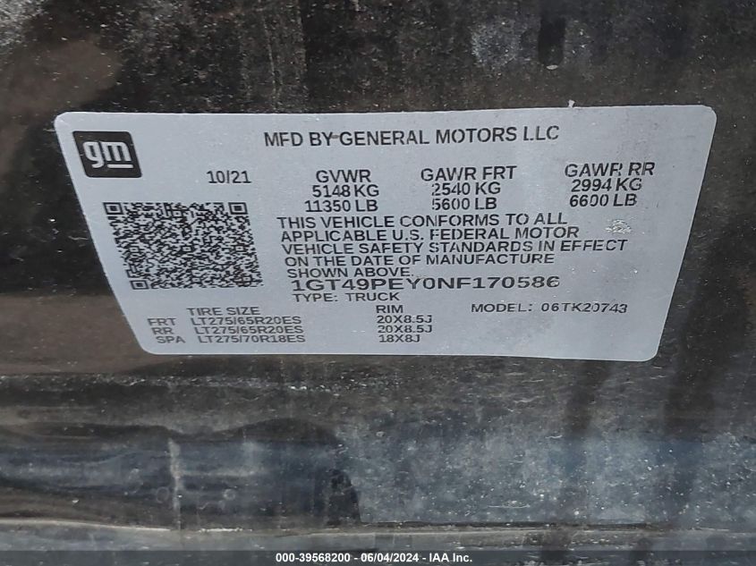 2022 GMC Sierra 2500Hd 4Wd Standard Bed At4 VIN: 1GT49PEY0NF170586 Lot: 39568200