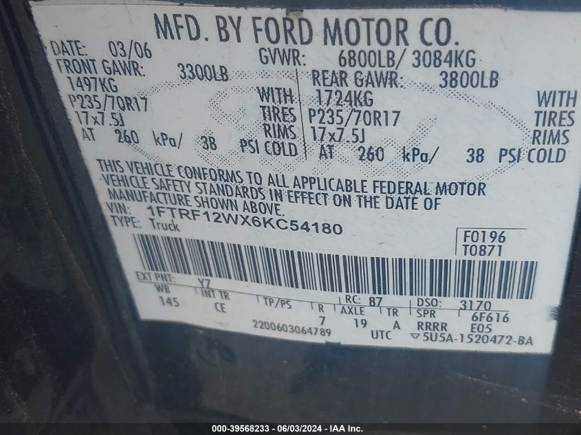 2006 Ford F-150 Stx/Xl/Xlt VIN: 1FTRF12WX6KC54180 Lot: 39568233