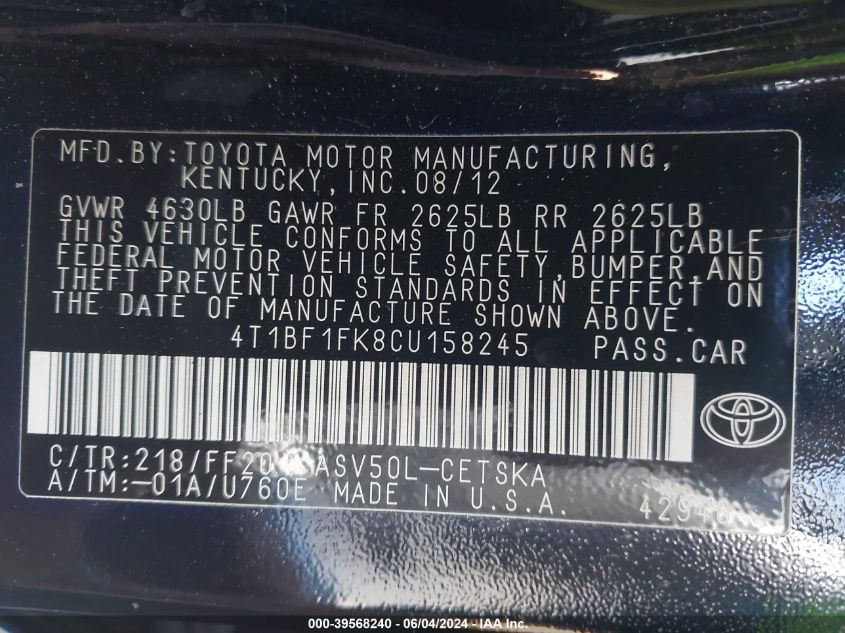 4T1BF1FK8CU158245 2012 Toyota Camry Se