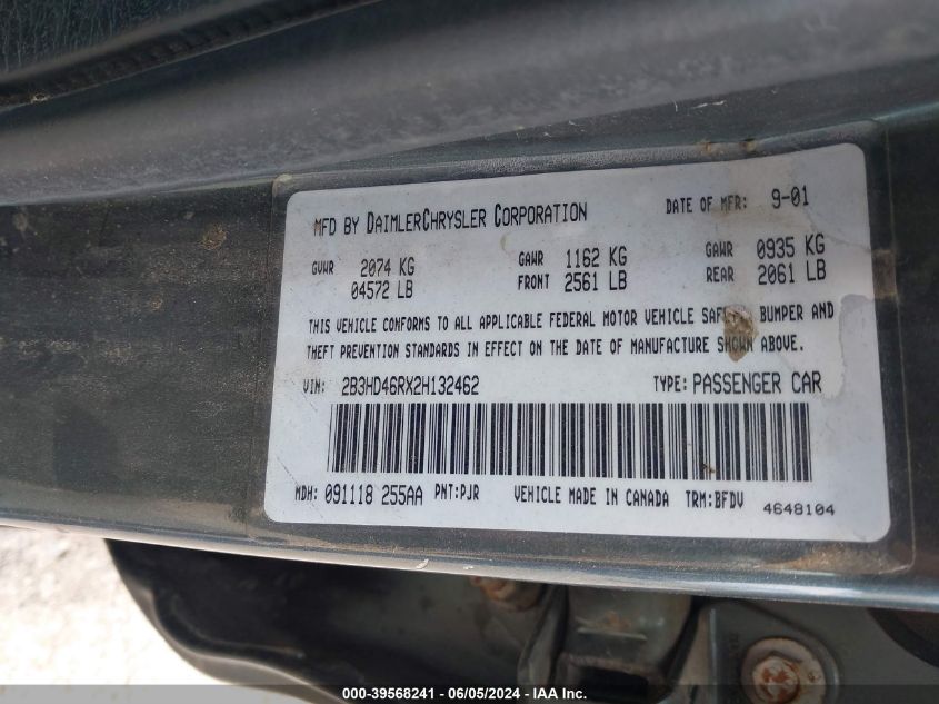 2002 Dodge Intrepid Se VIN: 2B3HD46RX2H132462 Lot: 39568241