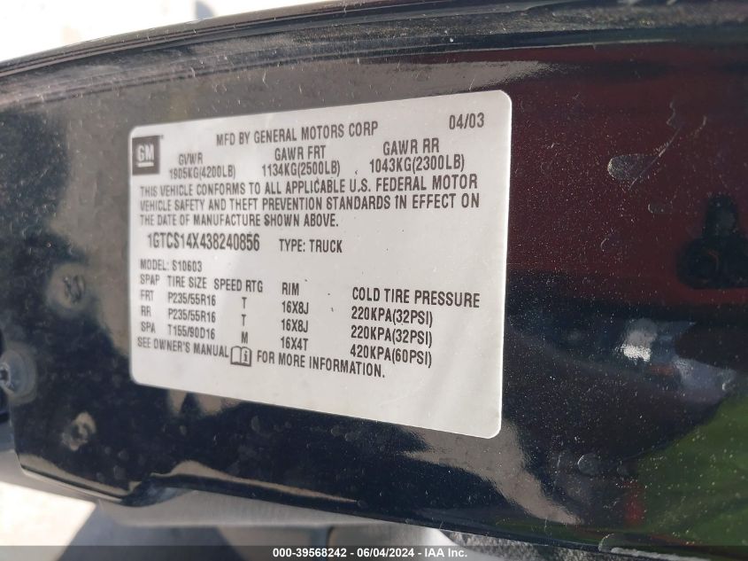 2003 GMC Sonoma Sls VIN: 1GTCS14X438240856 Lot: 39568242