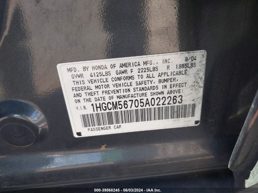 2005 Honda Accord 2.4 Ex VIN: 1HGCM56705A022263 Lot: 39568245