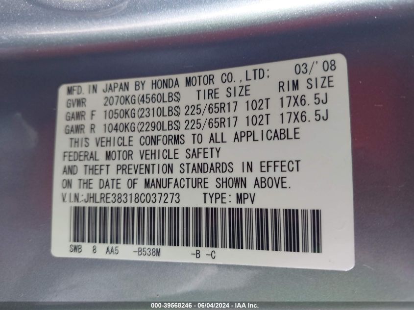 2008 Honda Cr-V Lx VIN: JHLRE38318C037273 Lot: 39568246