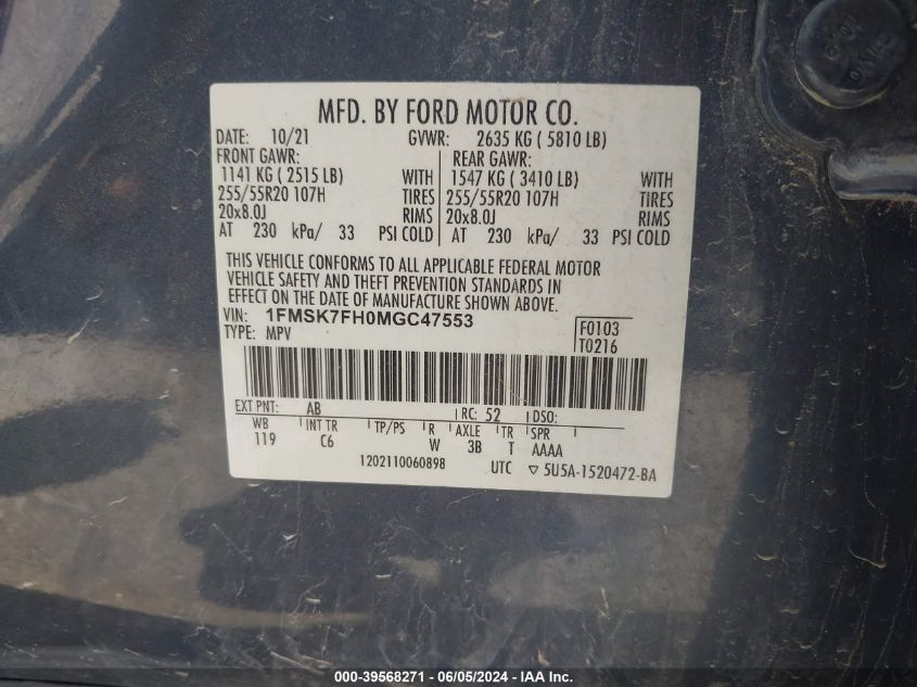 2021 Ford Explorer Limited VIN: 1FMSK7FH0MGC47553 Lot: 39568271