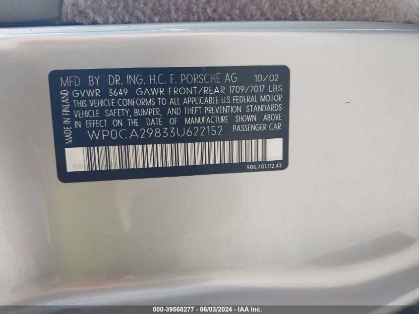 2003 Porsche Boxster Base (M5) VIN: WP0CA29833U622152 Lot: 39568277