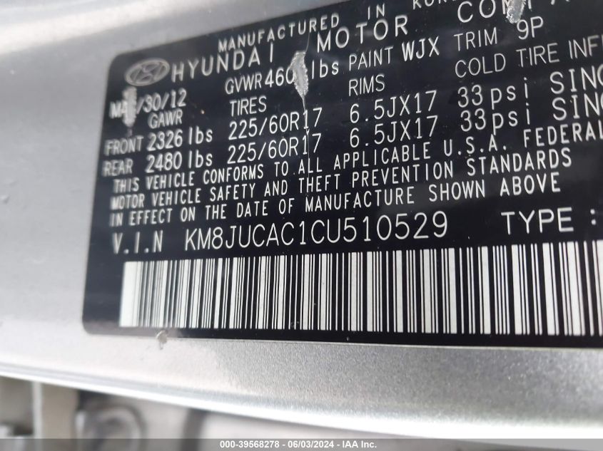2012 Hyundai Tucson Gls VIN: KM8JUCAC1CU510529 Lot: 39568278