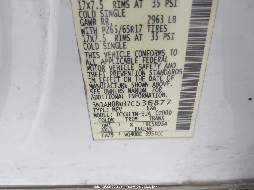 2007 Nissan Xterra Se VIN: 5N1AN08U37C536877 Lot: 39568279