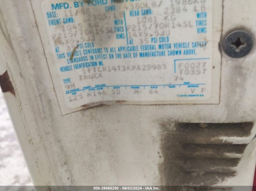 1989 Ford Ranger Super Cab VIN: 1FTCR14T3KPA25983 Lot: 39568280