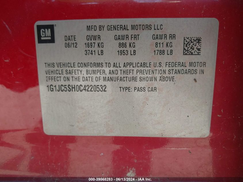 2012 Chevrolet Sonic 2Lt VIN: 1G1JC5SH0C4220532 Lot: 39568283