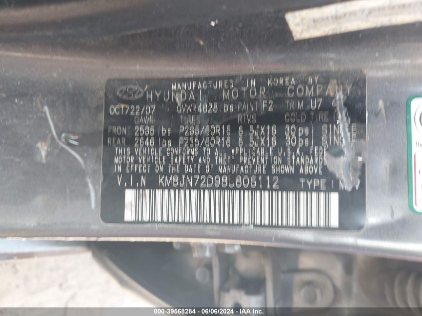 2008 Hyundai Tucson Limited V6/Se VIN: KM8JN72D98U806112 Lot: 39568284