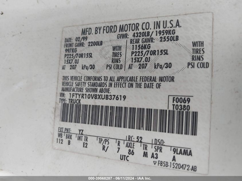 1999 Ford Ranger Xl/Xlt VIN: 1FTYR10V8XUB37619 Lot: 39568287