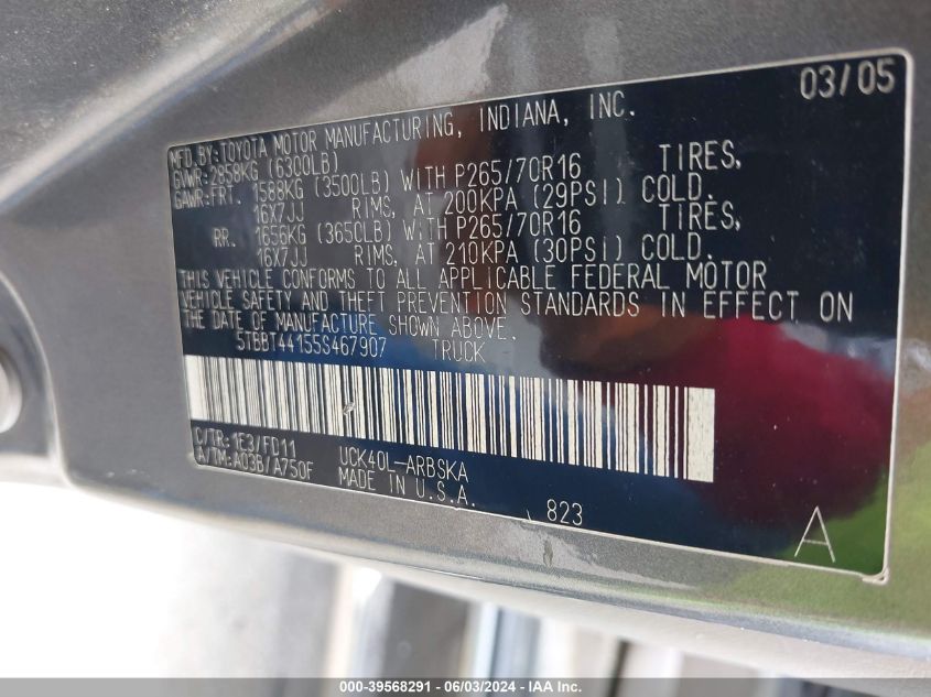 2005 Toyota Tundra Sr5 V8 VIN: 5TBBT44155S467907 Lot: 39568291