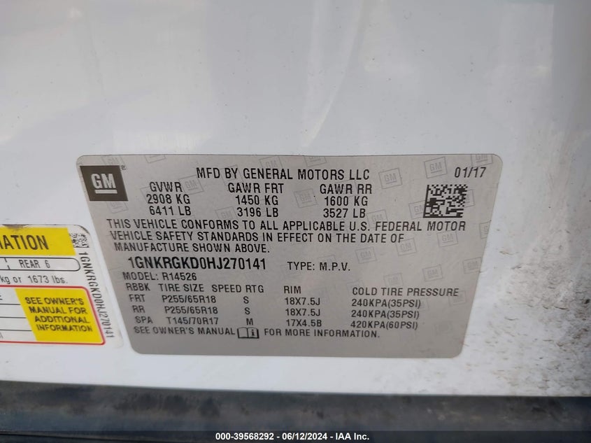 2017 Chevrolet Traverse 1Lt VIN: 1GNKRGKD0HJ270141 Lot: 39568292