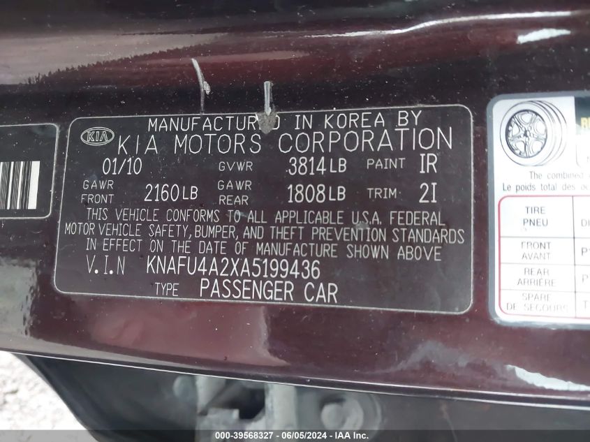 2010 Kia Forte Ex VIN: KNAFU4A2XA5199436 Lot: 39568327