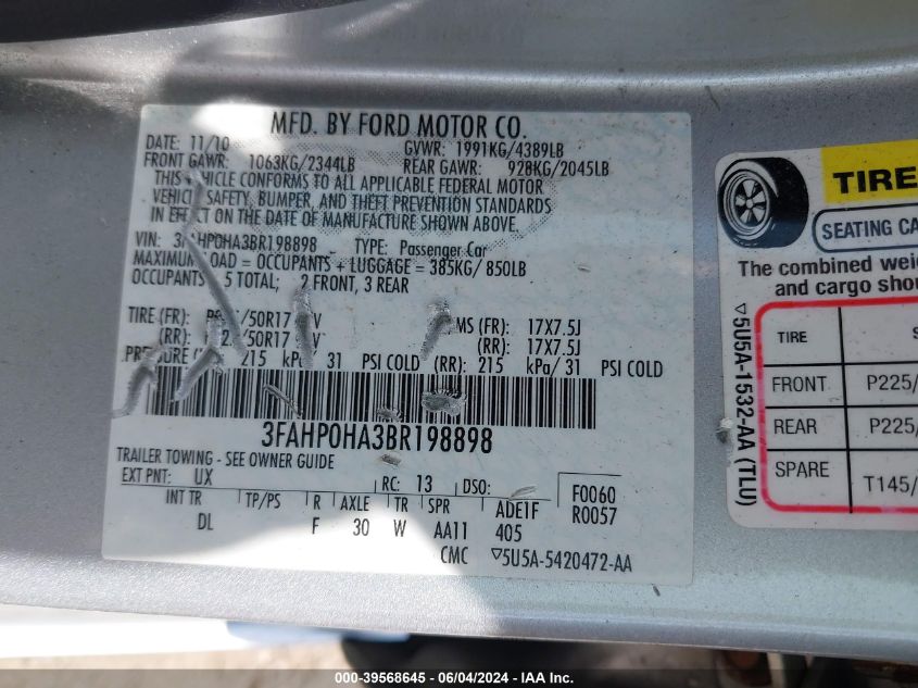 2011 Ford Fusion Se VIN: 3FAHP0HA3BR198898 Lot: 39568645