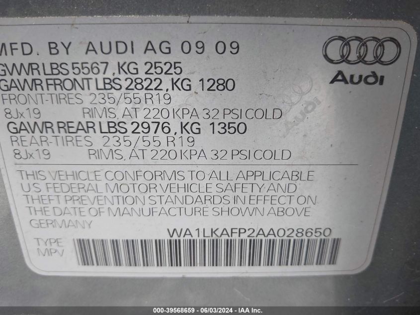 2010 Audi Q5 3.2 Premium VIN: WA1LKAFP2AA028650 Lot: 39568659