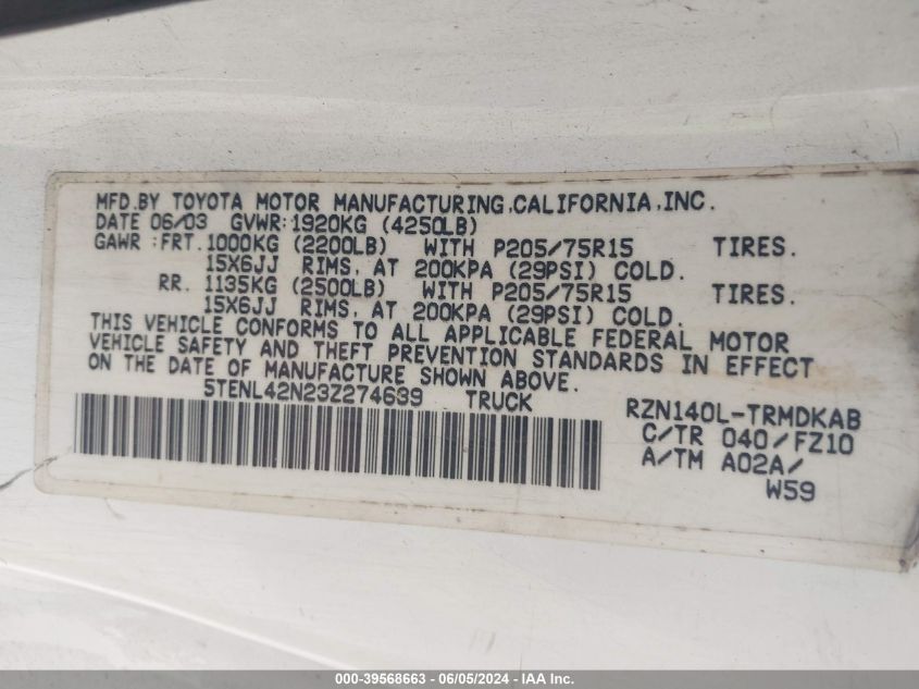 2003 Toyota Tacoma VIN: 5TENL42N23Z274639 Lot: 39568663