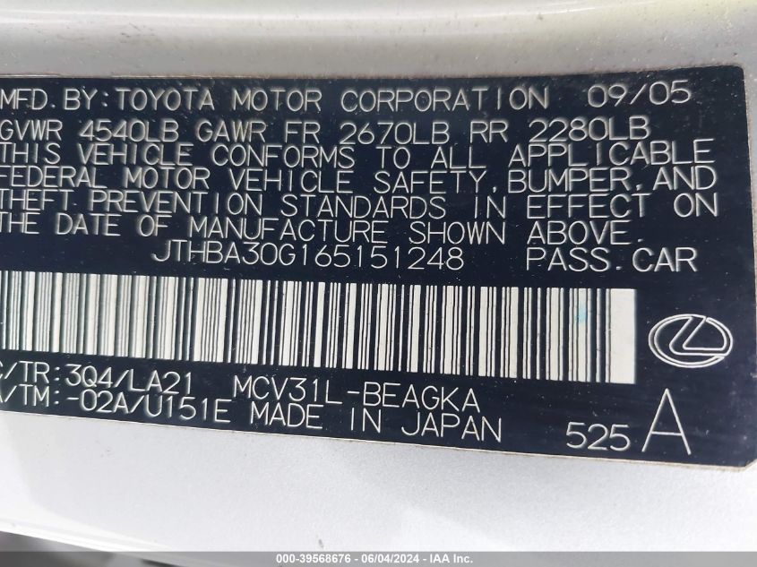 2006 Lexus Es 330 VIN: JTHBA30G165151248 Lot: 39568676