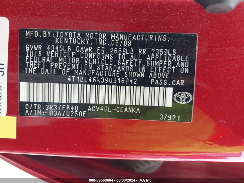 2009 Toyota Camry Le VIN: 4T1BE46K39U316942 Lot: 39568684