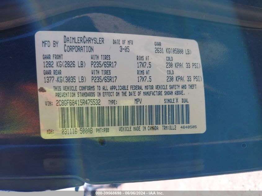 2005 Chrysler Pacifica Touring VIN: 2C8GF68415R475532 Lot: 39568698