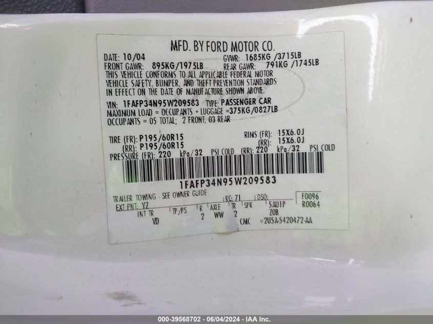 2005 Ford Focus Zx4 VIN: 1FAFP34N95W209583 Lot: 39568702