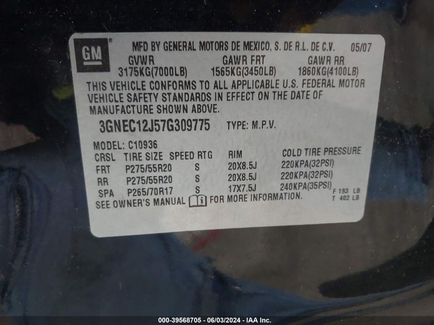 2007 Chevrolet Avalanche 1500 Ltz VIN: 3GNEC12J57G309775 Lot: 39568705