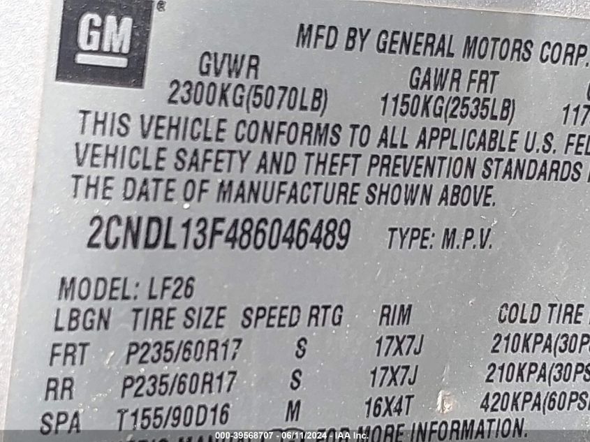 2008 Chevrolet Equinox Ls VIN: 2CNDL13F486046489 Lot: 39568707