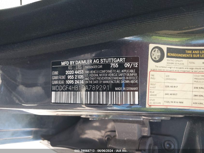 2013 Mercedes-Benz C 250 Luxury/Sport VIN: WDDGF4HB1DA789291 Lot: 39568713