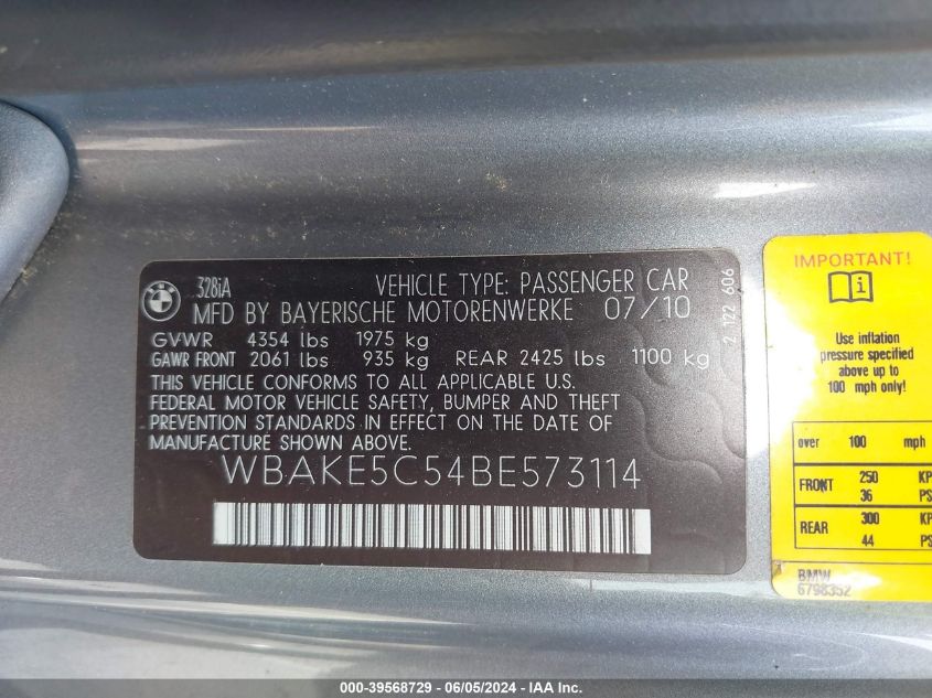 2011 BMW 328I VIN: WBAKE5C54BE573114 Lot: 39568729