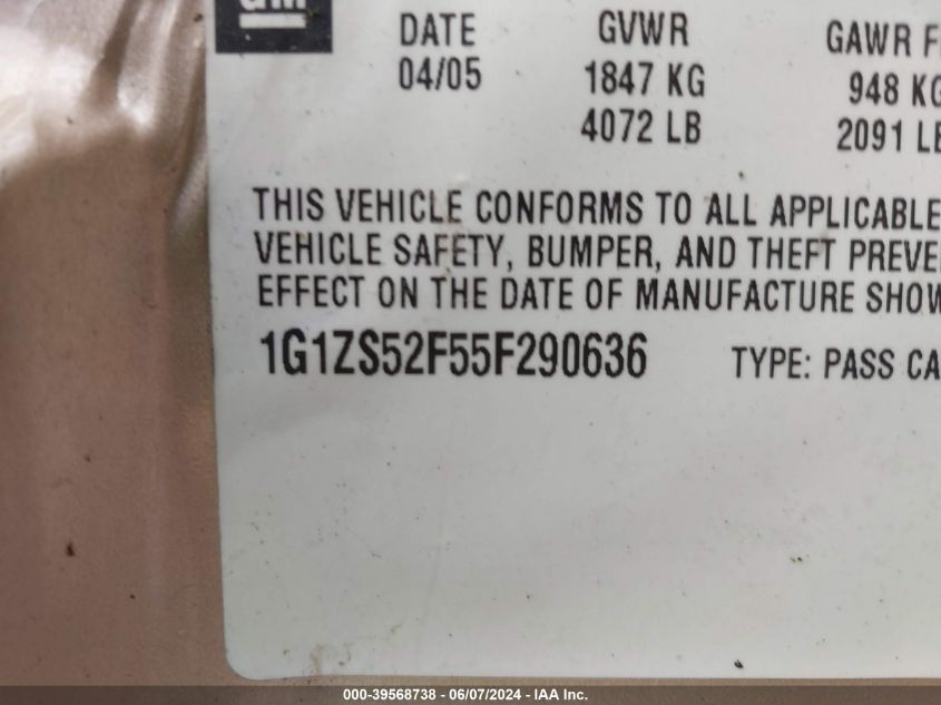 2005 Chevrolet Malibu VIN: 1G1ZS52F55F290636 Lot: 39568738