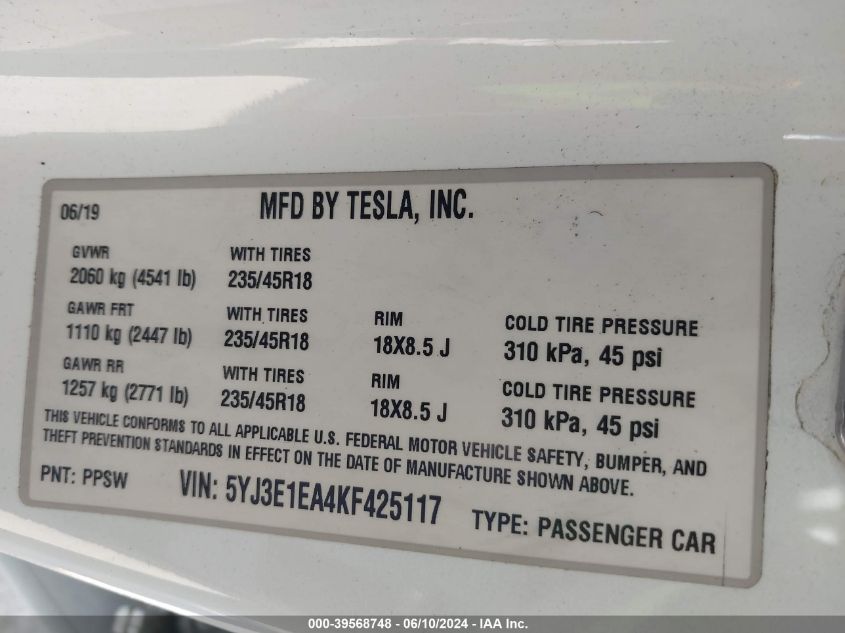 2019 Tesla Model 3 VIN: 5YJ3E1EA4KF425117 Lot: 40263984