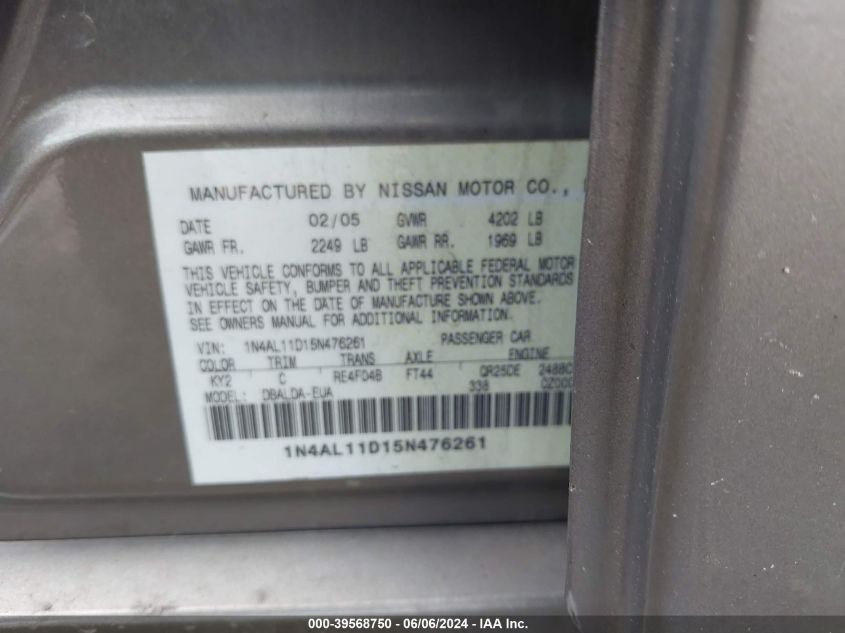 2005 Nissan Altima 2.5 S VIN: 1N4AL11D15N476261 Lot: 39568750