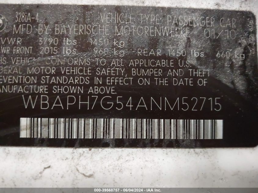 2010 BMW 328I VIN: WBAPH7G54ANM52715 Lot: 39568757