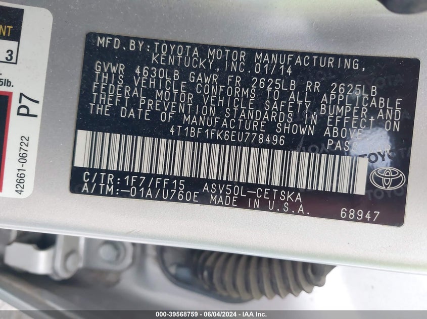 2014 Toyota Camry Se VIN: 4T1BF1FK6EU778496 Lot: 39568759