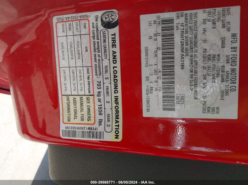 2009 Ford F-150 Xl/Xlt VIN: 1FTRW12809FA53189 Lot: 39568771