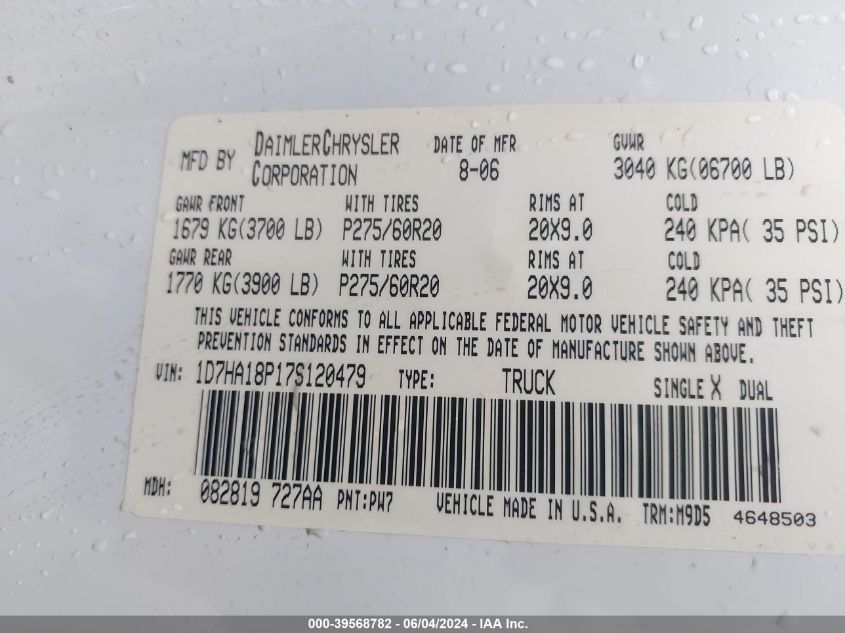 2007 Dodge Ram 1500 Slt VIN: 1D7HA18P17S120479 Lot: 39568782